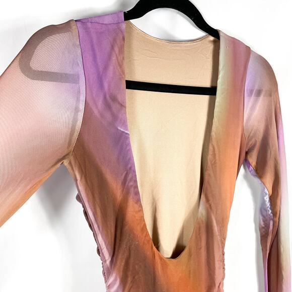 AFRM Maya Mesh Mini Dress Purple Motif Ruched Backless Long Sleeve Bodycon Sz XS - Picture 13 of 16